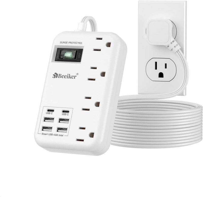 Beeiker 6 USB(2 USB C) Surge Protector Power Strip- 10 Ft Extension Cord with 24W USB Charging Station and 4 Outlets, Long Flat Extension Cord with Multiple Outlets for Travel Home Office Dorm White - Image 1